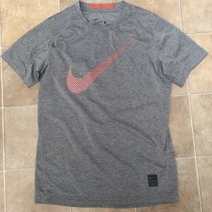 Nike fitted top, kids large, grey with orange logo